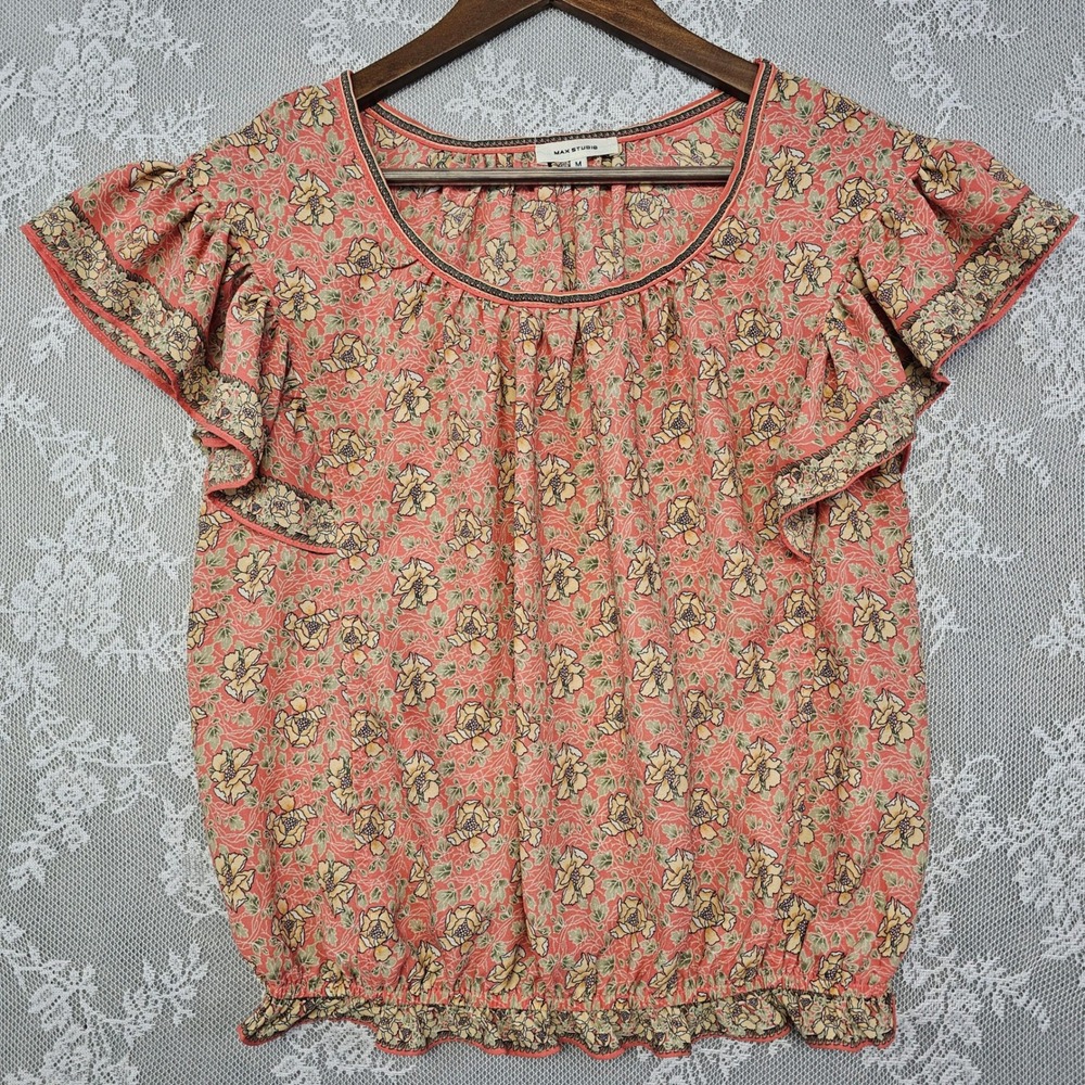 Max Studio Floral Blouse Flutter Sleeve Women's Medium Lightweight‎ Boho Top